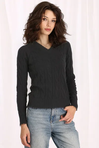 Minnierose Minnie Rose Cotton Cable Long Sleeve V-neck With Frayed Edges Sweater In Roseate
