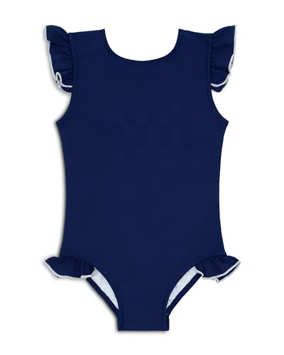 Minnow Girls' Contrast Trim Ruffled Sleeve Rash Guard One Piece Swimsuit - Baby, Little Kid, Big Kid In Navy