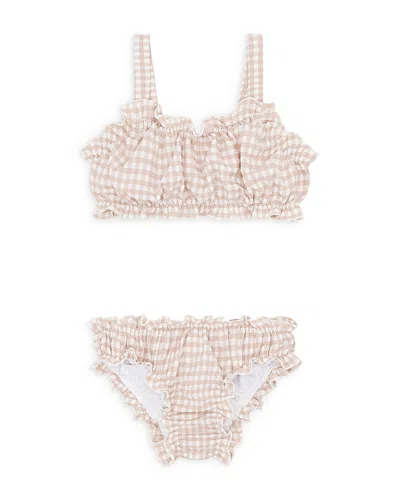 Minnow Girls' Crinkle Gingham Ruffle Two Piece Swimsuit - Little Kid, Big Kid In Brown Gingham