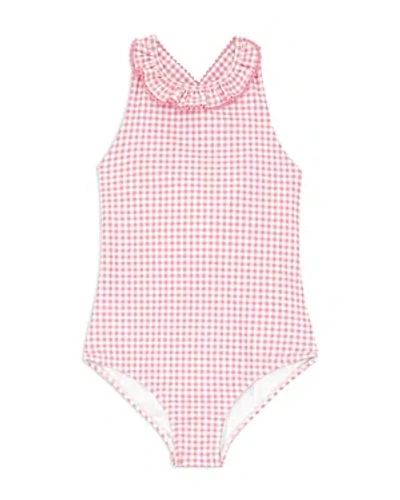 Minnow Girls' Gingham Check Crossover One Piece Swimsuit - Baby, Little Kid, Big Kid In Pink Guava Gingham