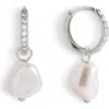 Mint & Lily Freshwater Pearl Drop Pave Huggie Earrings In Silver
