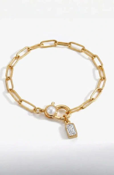Mint & Lily Paperclip Bracelet With Pearl Accent With Dainty Baguette Birthstone Charm In Gold