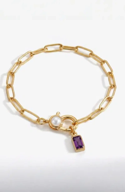 Mint & Lily Paperclip Bracelet With Pearl Accent With Dainty Baguette Birthstone Charm In Gold