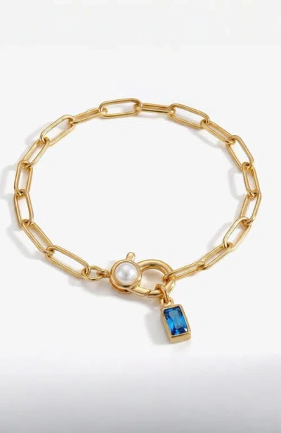Mint & Lily Paperclip Bracelet With Pearl Accent With Dainty Baguette Birthstone Charm In Gold