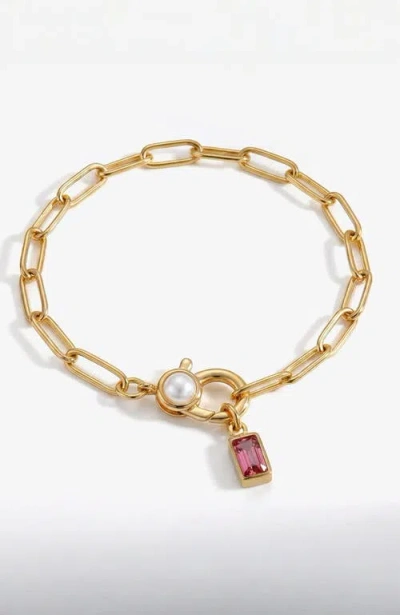 Mint & Lily Paperclip Bracelet With Pearl Accent With Dainty Baguette Birthstone Charm In Gold