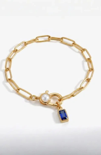 Mint & Lily Paperclip Bracelet With Pearl Accent With Dainty Baguette Birthstone Charm In Gold