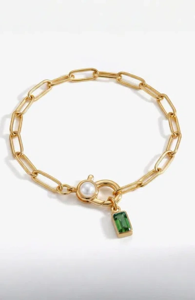 Mint & Lily Paperclip Bracelet With Pearl Accent With Dainty Baguette Birthstone Charm In Gold