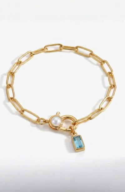 Mint & Lily Paperclip Bracelet With Pearl Accent With Dainty Baguette Birthstone Charm In Metallic