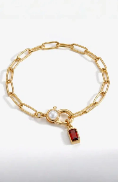Mint & Lily Paperclip Bracelet With Pearl Accent With Dainty Baguette Birthstone Charm In Red