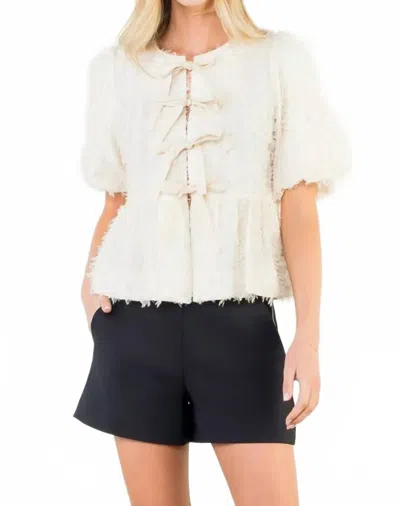 Mint Exclusives Freya Fringed Front Tie Puff Sleeve Top In Beige In Sand