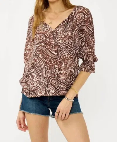 Mint Exclusives Smocked Split Neck Blouse In Brown Paisley