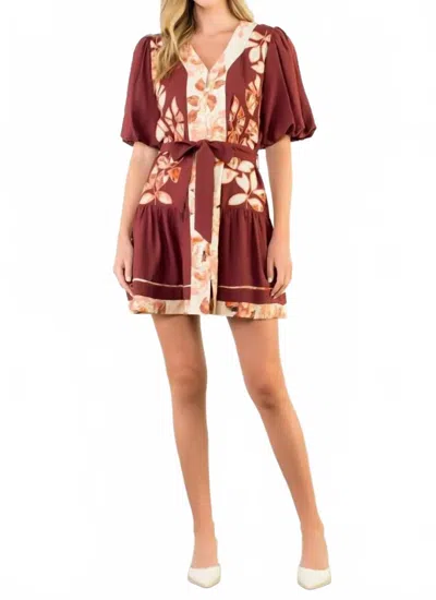 Mint Micah Puff Sleeve Button Up Dress In Burgundy Florals In Brown