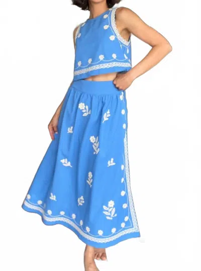 Mint Thea Embroidered Midi Skirt Set In Blue