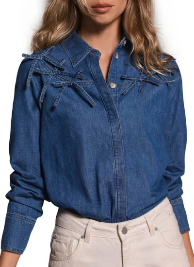 Mint Velvet Bow Detail Denim Shirt In Blue