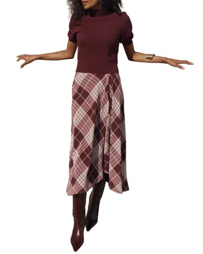 Mint Velvet Checked Layered Midi Dress In Burgundy