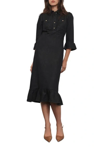 Mint Velvet Denim Belted Midi Shirt Dress In Black