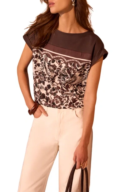 Mint Velvet Floral Print Cap Sleeve Top In Brown