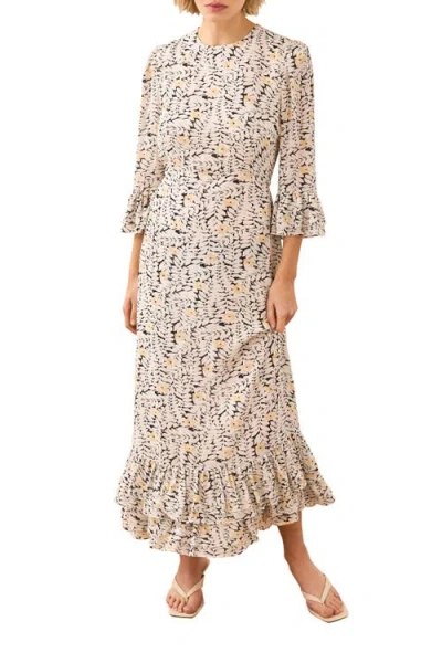Mint Velvet Floral Print Ruffle Midi Dress In Brown