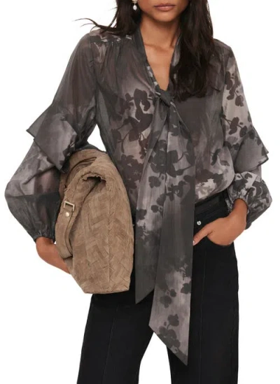 Mint Velvet Floral Tie-neck Sheer Blouse With Ruffle Sleeves In Black
