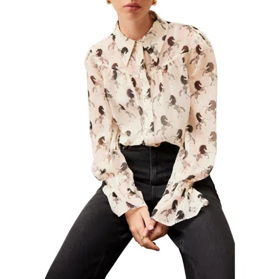 Mint Velvet Horse Print Sheer Blouse In White