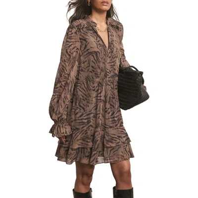 Mint Velvet Long Sleeve Printed Ruffle Mini Dress In Brown