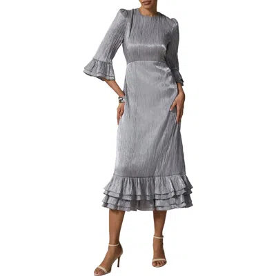 Mint Velvet Metallic Ruffle Sleeve Midi Dress In Gray