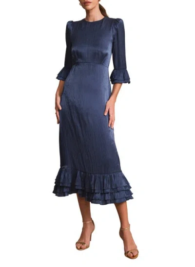 Mint Velvet Metallic Ruffled Midi Dress In Blue