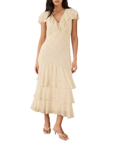 Mint Velvet Ruffle Print Midi Dress In Neutral
