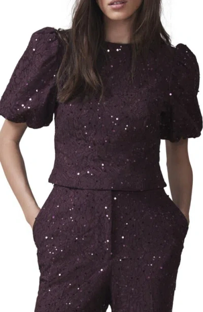 Mint Velvet Sequin Lace Puff Sleeve Top In Burgundy