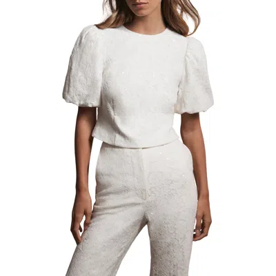 Mint Velvet Sequin Puff Sleeve Top In White