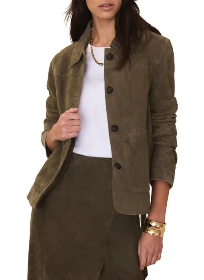Mint Velvet Suede Jacket With Classic Collar & Button-front Pockets In Green