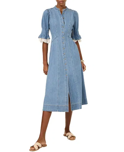 Mint Velvet Denim Crochet Trim Midi Dress In Blue