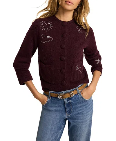 Mint Velvet Women's Embroidered Motif Knit Cardigan In Burgundy