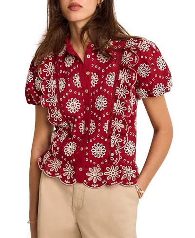 Mint Velvet Eyelet Embroidered Puff Sleeve Blouse In Red