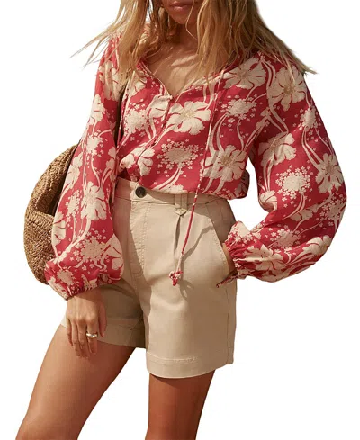 Mint Velvet Floral Tie Neck Long Sleeve Blouse In Red