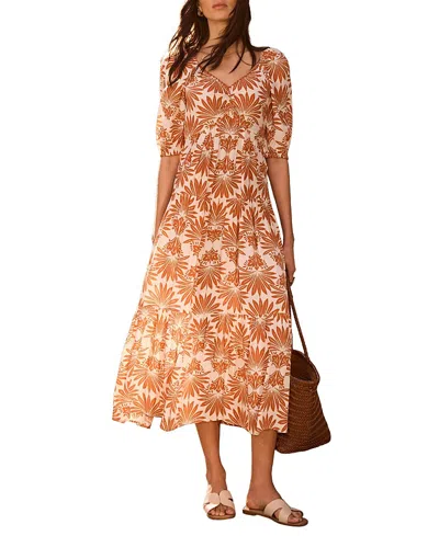 Mint Velvet Floral V-neck Printed Midi Dress. In Orange