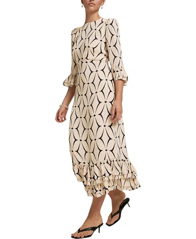 MINT VELVET WOMEN'S GEO PRINT RUFFLE MIDI DRESS