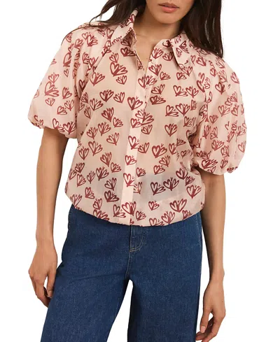 Mint Velvet Women's Heart Print Puff Sleeve Shirt In Pink