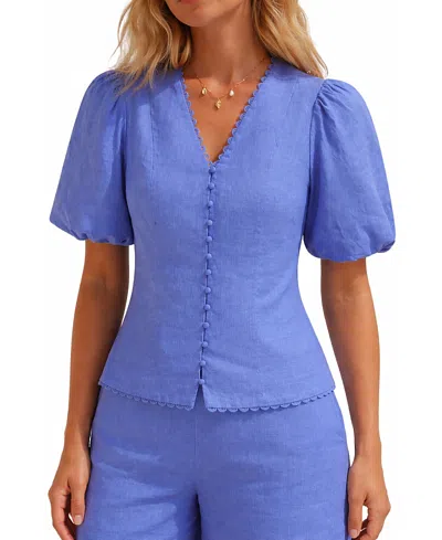 Mint Velvet Linen Puff Sleeve Top In Blue