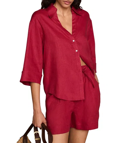 Mint Velvet Linen Short Sleeve Resort Shirt In Burgundy