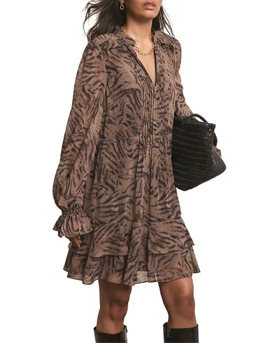 Mint Velvet Women's Long Sleeve Printed Ruffle Mini Dress In Brown
