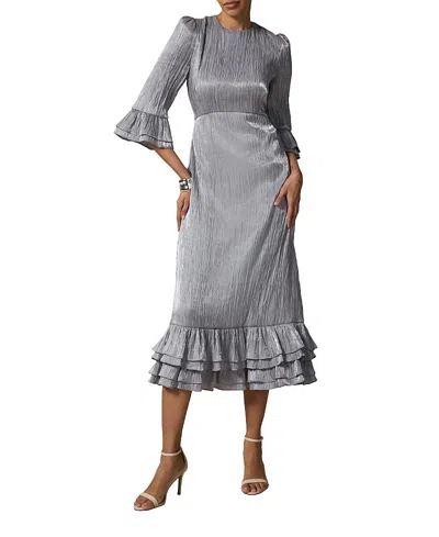 Mint Velvet Women's Metallic Ruffle Sleeve Midi Dress In Silver