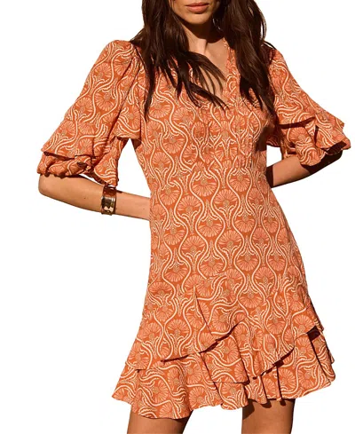 Mint Velvet Printed Ruffle V-neck Mini Dress In Orange