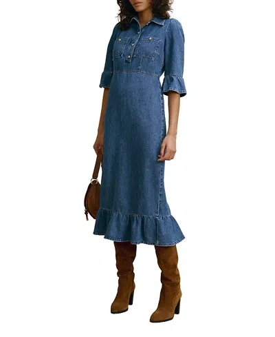 Mint Velvet Ruffle Hem Denim Midi Dress In Blue