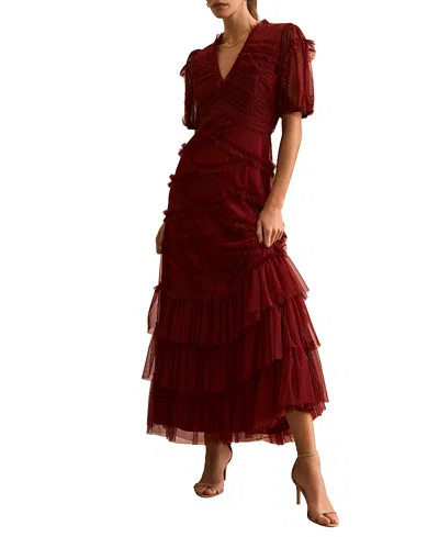 Mint Velvet Short Sleeve Tulle Ruffle Maxi Dress In Burgundy