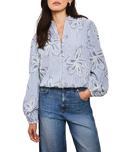 Mint Velvet Striped Embroidered Floral Blouse In Blue