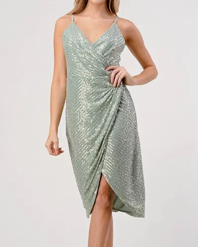 Minuet Slit Sequin Short V Neck Elegant Dress In Sage In Green