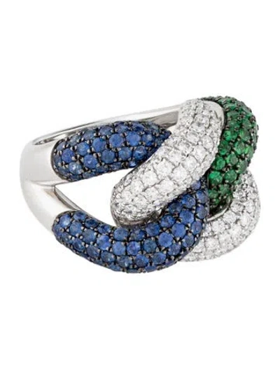 Pre-owned Mio Harutaka 18k Tsavorite Garnet, Sapphire & Diamond Rope Chain Ring In Multi