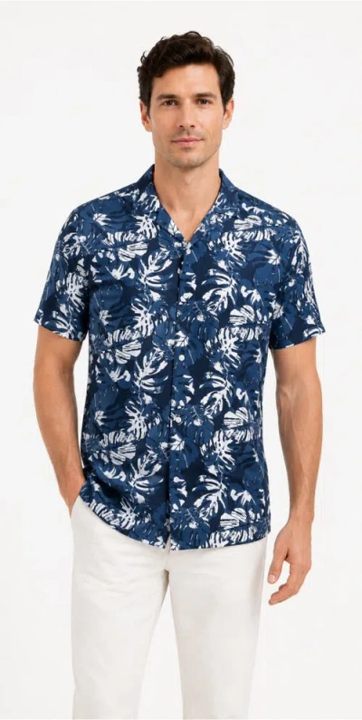 Mio Marino Tropical Print Button-down Hawaiian Camp Shirt In Blue