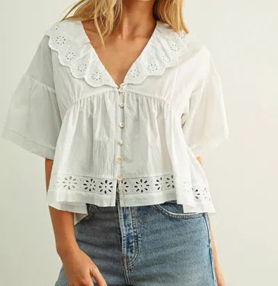 Miou Muse Aria Romantic Eyelet Ruffle Blouse In White